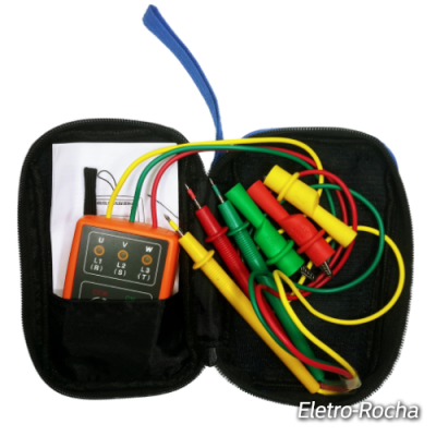 kit de teste elétrico com dispositivo laranja e fios coloridos dentro de estojo preto