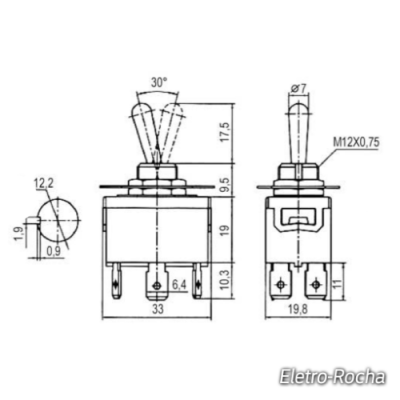Desenho técnico de interruptor de alavanca com dimensões e especificações técnicas