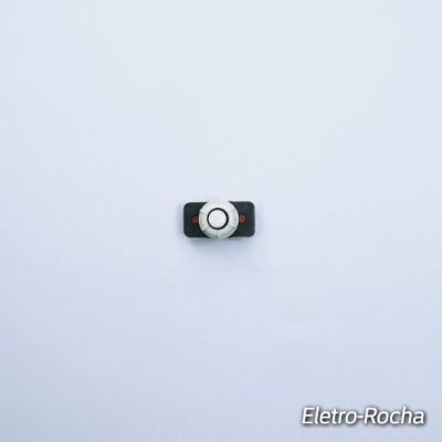 Botão rotativo branco num suporte preto numa superfície branca com texto Eletro-Rocha