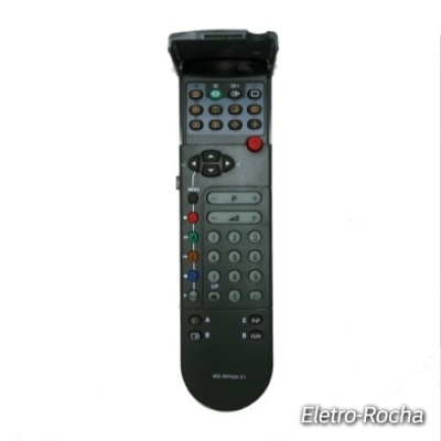 Comando remoto preto com tampa articulada e vários botões coloridos