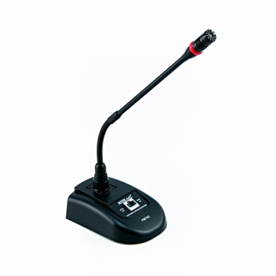 Microfone preto com base rígida e braço flexível com botão na base