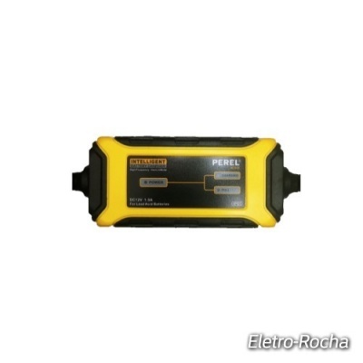 Carregador de bateria preto e amarelo PEREL com texto e fundo branco