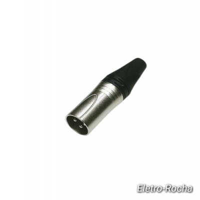 Conector XLR masculino metálico prateado com ponta preta