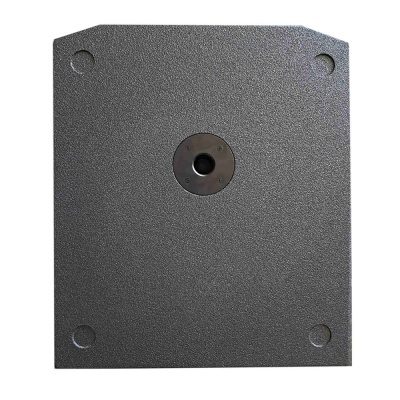 Base preta quadrada com orifício central e marcas circulares nos cantos