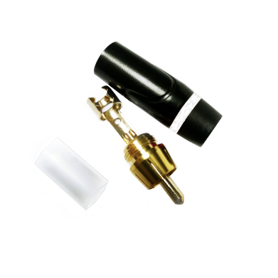 Conector de áudio dourado com partes plásticas preta e branca