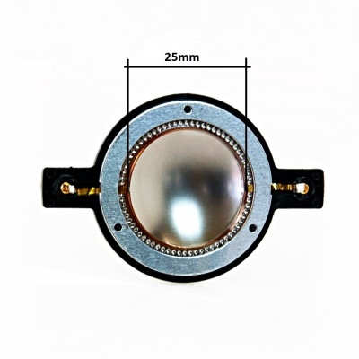 Díaframa de altifalante redondo preto e prateado com conectores dourados em fundo branco