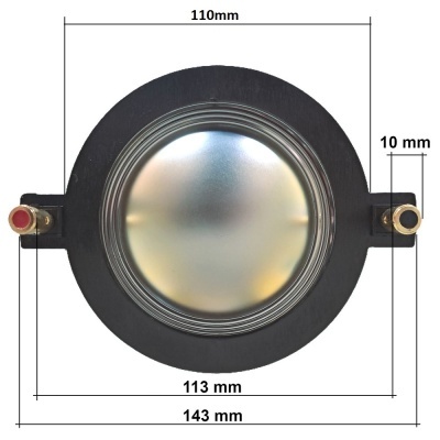 Diafragma redondo para altifalante com ligações douradas e medidas indicadas em milímetros