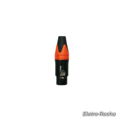 Conector elétrico preto e laranja com botão metálico e texto Eletro-Rocha