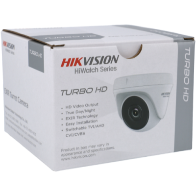 Caixa de câmara de segurança Hikvision HiWatch Series Turbo HD branca com texto e imagem da câmara
