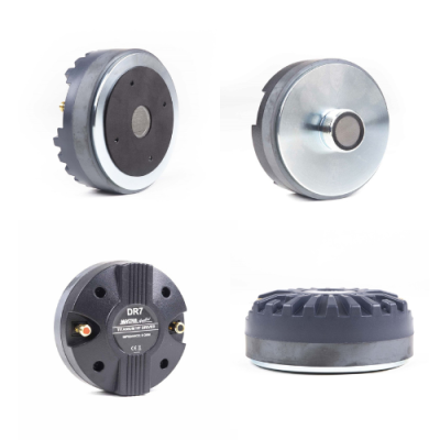 Componente eletrónico redondo preto e prateado mostrado em quatro ângulos diferentes