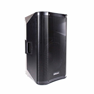 Coluna de som preta com grelha perfurada e pega lateral.