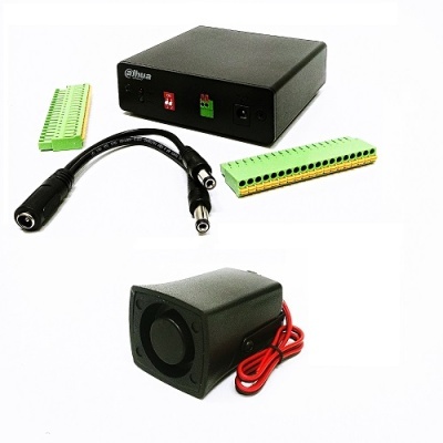 Conjunto de equipamento eletrónico com caixa preta, conectores verdes, cabo preto e dispositivo com fios vermelhos