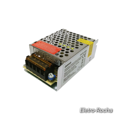 Fonte de alimentação elétrica metálica com grelha perfurada e terminais elétricos