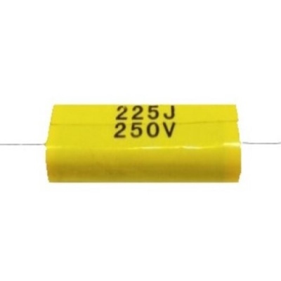 Condensador eléctrico amarillo con texto negro '225J 250V'