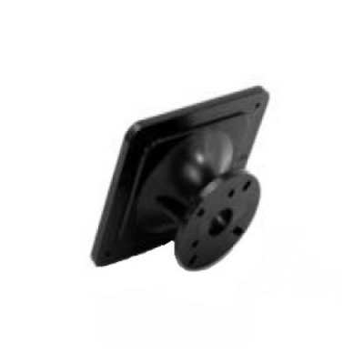 Suporte de plástico preto quadrado com base circular e orifícios, fundo branco