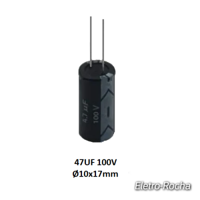 Condensador eletrolítico preto 47UF 100V com pinos metálicos e texto técnico.