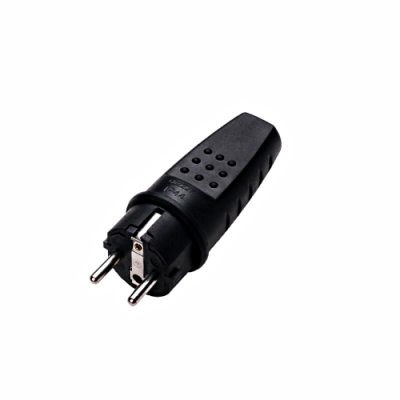 Ficha elétrica macho preta com dois pinos redondos e corpo de plástico