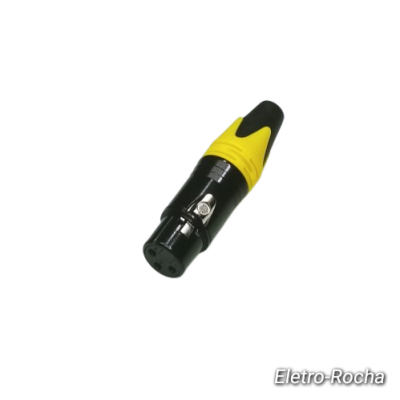 Conector XLR de três pinos preto com detalhes amarelos