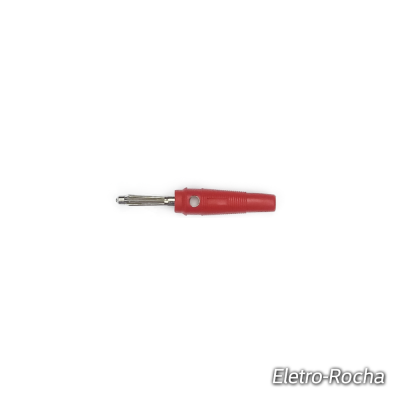Conector de banana vermelho com contacto metálico num fundo branco