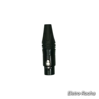 Conector XLR preto sobre fundo branco com texto Eletro-Rocha