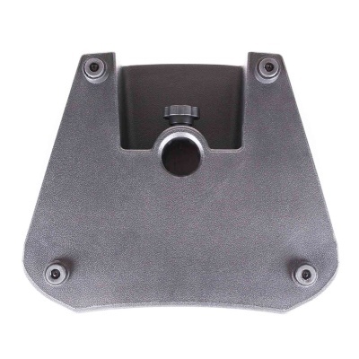 Base de suporte preta em plástico com parafuso central e quatro pés de borracha