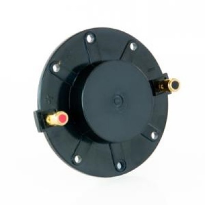 Difusor de som circular preto com terminais vermelho e preto