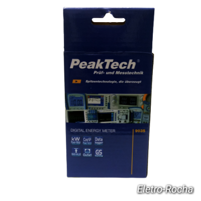 Embalagem azul do medidor digital de energia PeakTech 9035 com texto e imagens do dispositivo