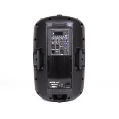 Coluna de som portátil preta com painel traseiro e pegas laterais