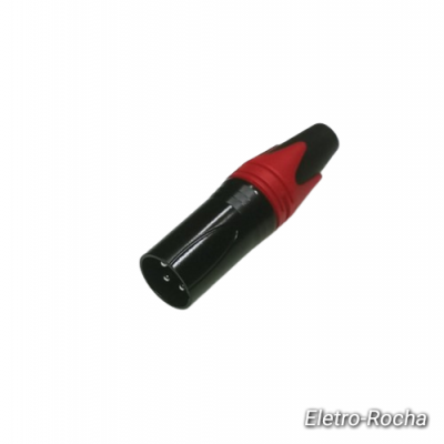 Conector XLR masculino preto e vermelho em fundo branco