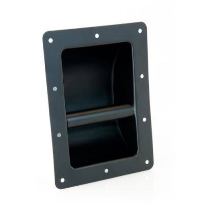 Moldura retangular preta com suporte cilíndrico e furos de fixação