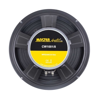 Altifalante redondo preto Masters Audio modelo CW1001/8 com etiqueta preta e amarela no centro