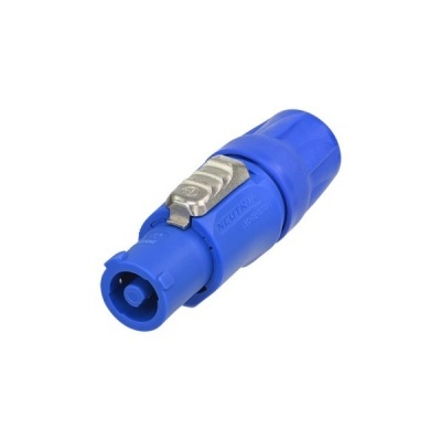 Conector elétrico azul Neutrik com trava metálica sobre fundo branco