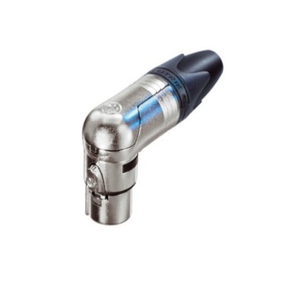 Conector metálico prateado com ponta preta e texto NEUTRIK