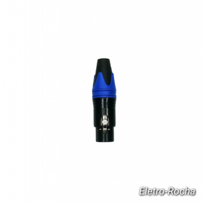 conector XLR preto e azul com fecho metálico