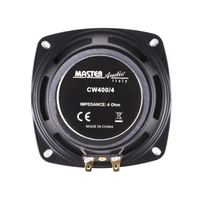 Coluna de áudio preta quadrada Master Audio CW400/4 com especificações visíveis
