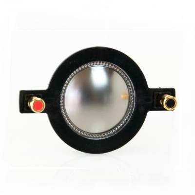 Difusor redondo para altifalante com diafragma metálico e conectores dourados em fundo branco