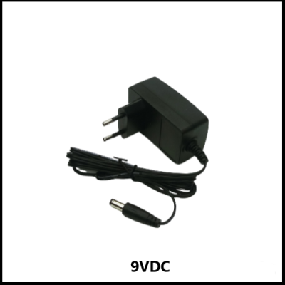 Adaptador de corrente 9VDC preto com cabo e plugue europeu