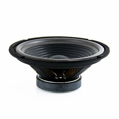 Alto-falante preto com cone cônico e base metálica