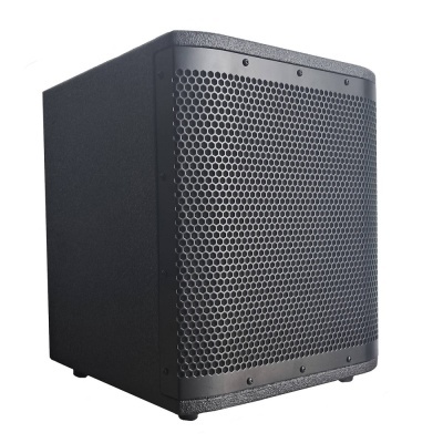 Coluna de som preta com grade frontal hexagonal