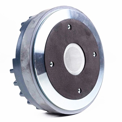 Altifalante redondo com borda metálica prateada e centro em tecido branco