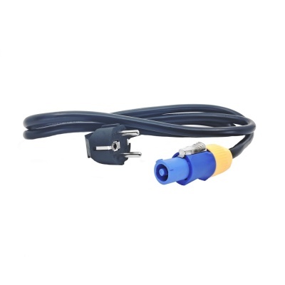Cabo elétrico com ficha preta e conector azul e amarelo