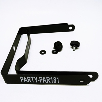 Suporte metálico preto com texto PARTY-PAR181 e acessórios