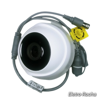 Câmara de segurança dome branca com lentes pretas e cabos cinza