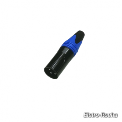 Conector XLR preto com detalhes azuis sobre fundo branco