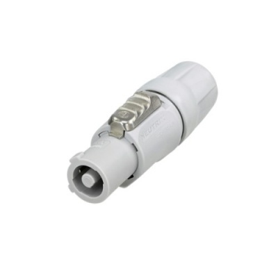 Conector elétrico branco com pinos metálicos e texto NEUTRIK