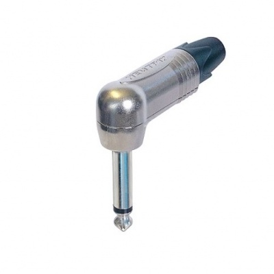 Conector de guitarra ângulo 90 graus metálico prateado com ponta preta