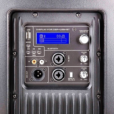 Painel traseiro de alto-falante com ecrã, botões e entradas