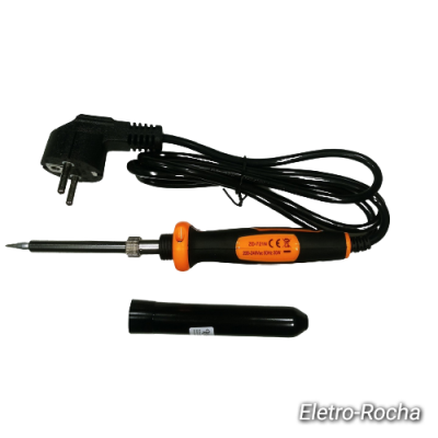 Ferro de soldar elétrico preto e laranja com cabo e tampa preta