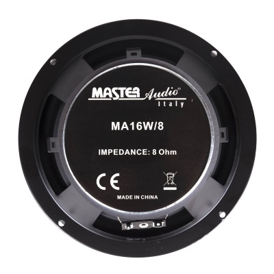 Coluna de áudio preta redonda com inscrição Maste Audio Italy MA16W/8 e informações técnicas