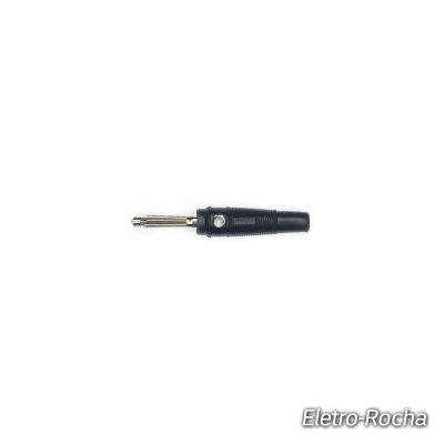 Conector banana preto e prata em fundo branco com texto Eletro-Rocha